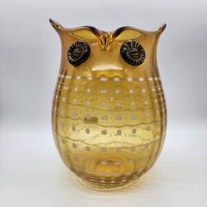 Handblown Owl Vase Art Glass Hexagon Yellow Polka Dot Painted Large Eyes 11"